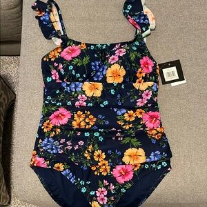 Ellen Tracy Blue and Pink Floral One Piece Swimsuit
